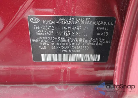 2012 Hyundai Sonata Limited 2.0T z USA, uszkodzony, nr VIN 5NPEC4AB3CH467389